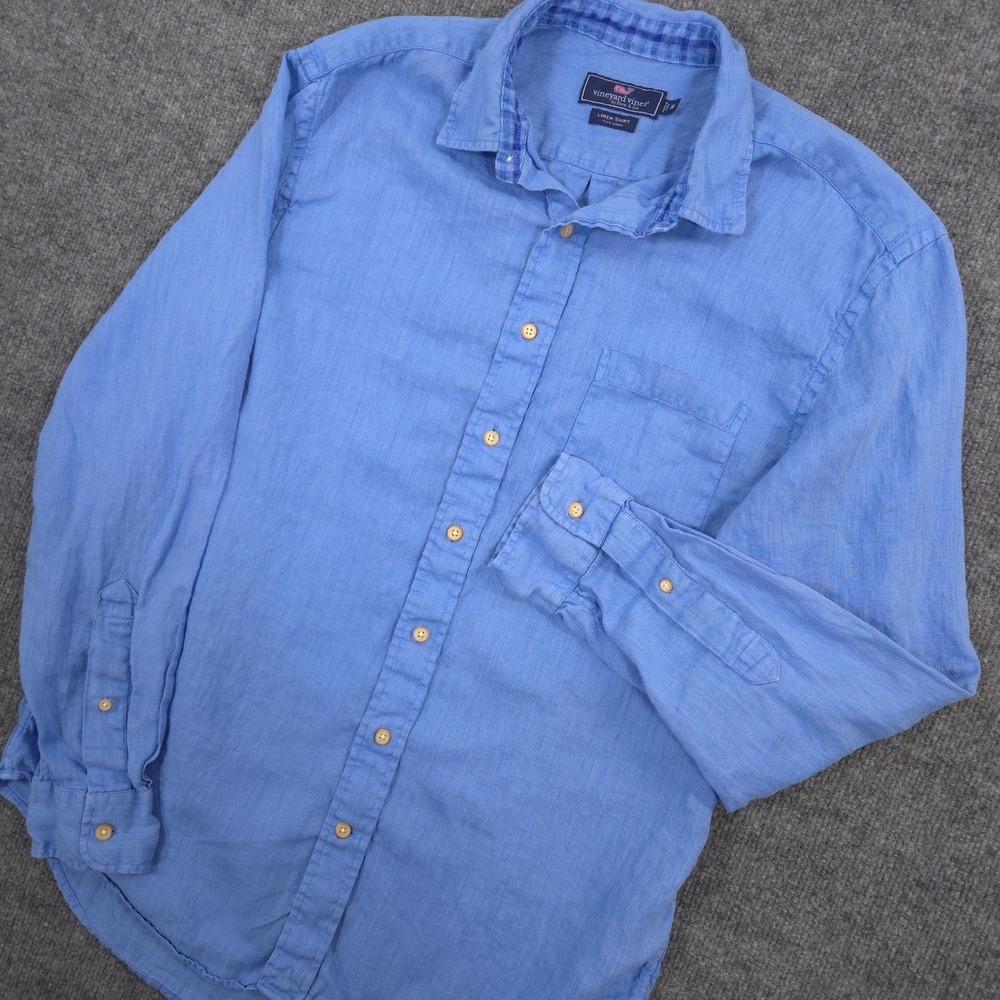 Vineyard Vines Linen Shirt Mens M Blue Front Pocket Button Up Long Sleeve Casual